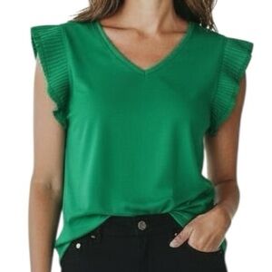 NWT ADRIANNA PAPELL Green Pleated Ruffle Short Sleeve V-Neck Blouse Size Medium